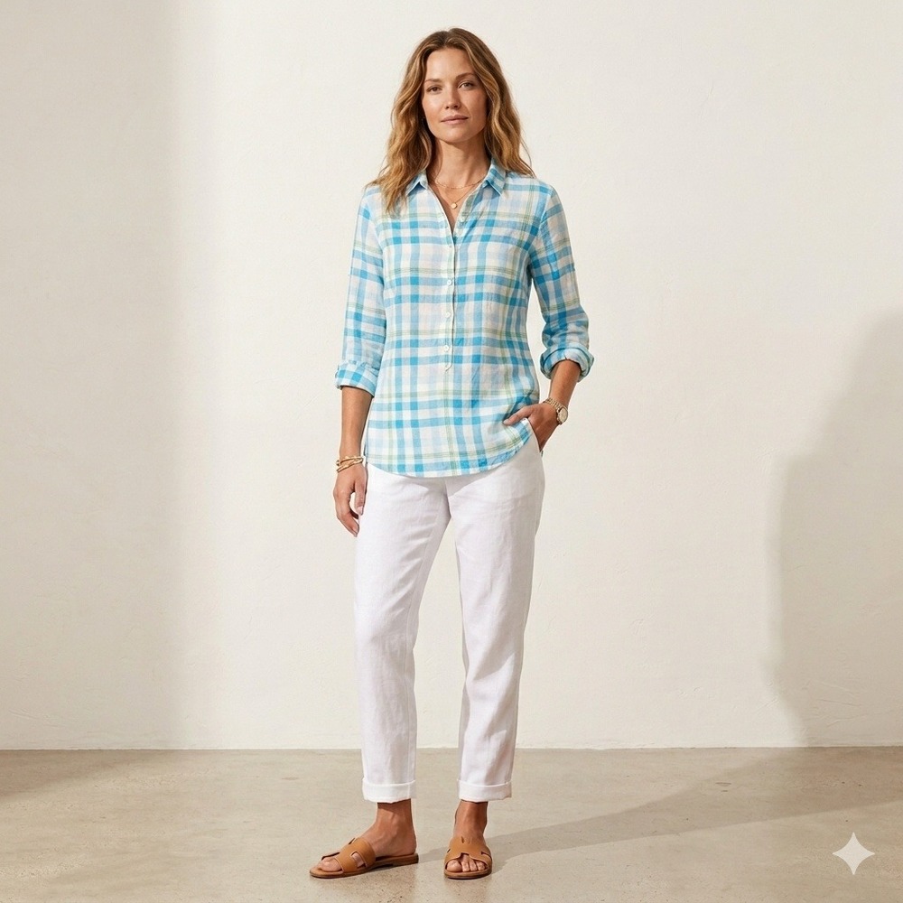 J.McLaughlin Womens Blue Plaid Cotton Stretch Roll‎ Tab Popover Tunic Shirt S